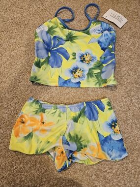 Yellow Tropical Floral Tankini Set with Blue and Orange Flowers- Girls Size 12